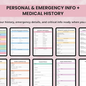 Medical Binder pages for emergency contacts, insurance information, medical ID, and personal medical history including conditions, surgeries, allergies, and family history.