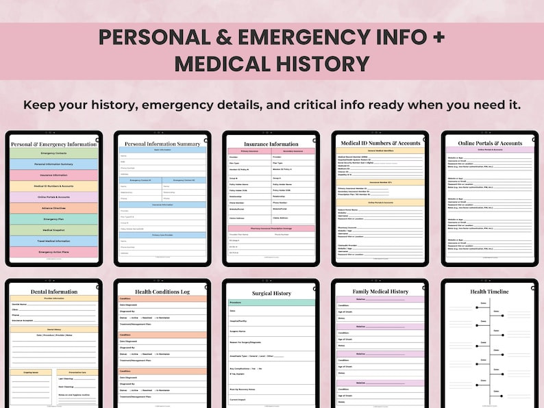 Medical Binder pages for emergency contacts, insurance information, medical ID, and personal medical history including conditions, surgeries, allergies, and family history.
