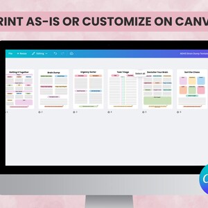 Preview showing ADHD brain dump templates editable in Canva or printable as PDFs. Works for digital planning or pen-and-paper use.