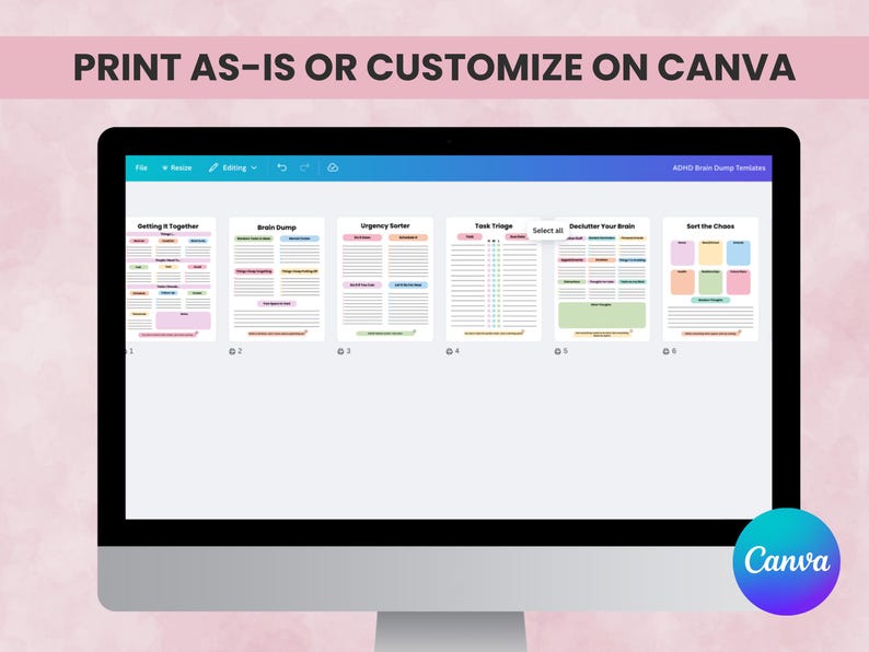 Preview showing ADHD brain dump templates editable in Canva or printable as PDFs. Works for digital planning or pen-and-paper use.