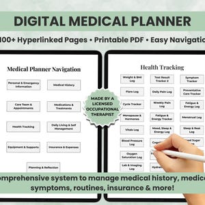 May include: Digital medical planner with 100+ hyperlinked pages in a printable PDF format. Features easy navigation and health tracking. Includes sections for medical history, medications, and daily living. Made by a licensed occupational therapist.