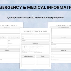 Emergency and medical caregiver forms for senior care — contacts, allergies, diagnoses, and provider details