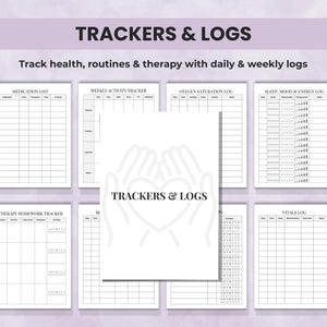 Caregiver trackers and log sheets — weekly, daily, and monthly pages to monitor routines, wellness, and activities