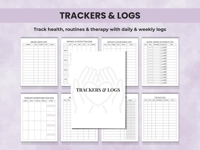 Caregiver trackers and log sheets — weekly, daily, and monthly pages to monitor routines, wellness, and activities