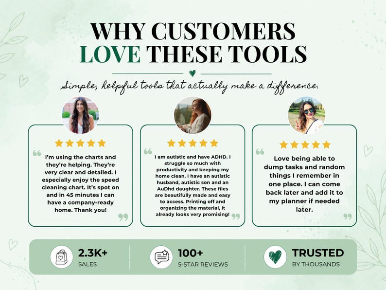 May include: A light green graphic featuring the text WHY CUSTOMERS LOVE THESE TOOLS and Simple, helpful tools that actually make a difference. It displays three customer testimonials with five-star ratings, photos, and a footer showing 2.3K+ SALES, 100+ 5-STAR REVIEWS, and TRUSTED BY THOUSANDS.