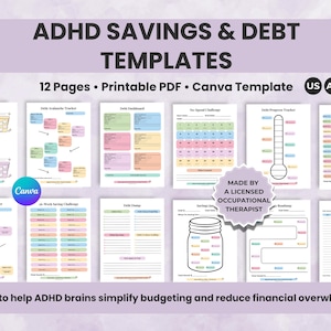 May include: ADHD Savings & Debt Templates with 12 pages, printable PDF, and Canva template. The templates include trackers for sinking funds, debt avalanche, debt dashboard, no-spend challenge, and debt progress. Made by a licensed occupational therapist.