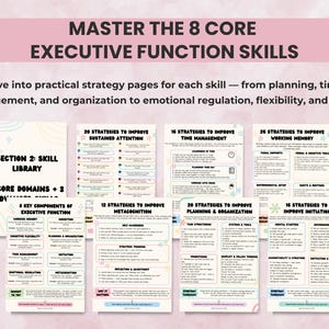 Printable worksheets and activities covering the 8 core executive functions — planning, organization, attention, emotional control, and more.