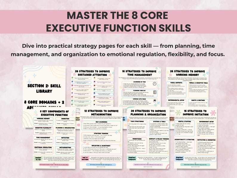 Printable worksheets and activities covering the 8 core executive functions — planning, organization, attention, emotional control, and more.