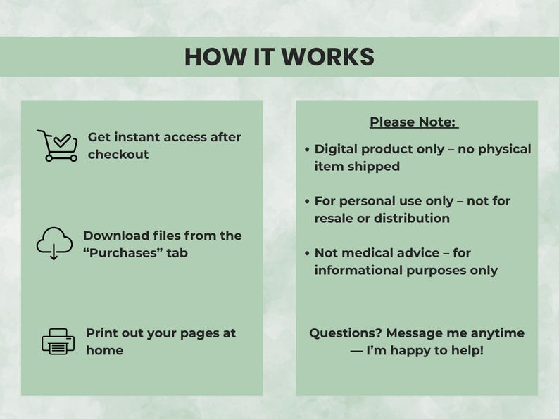 Step-by-step graphic showing how to access ADHD planner files via Google Drive and print or download instantly.