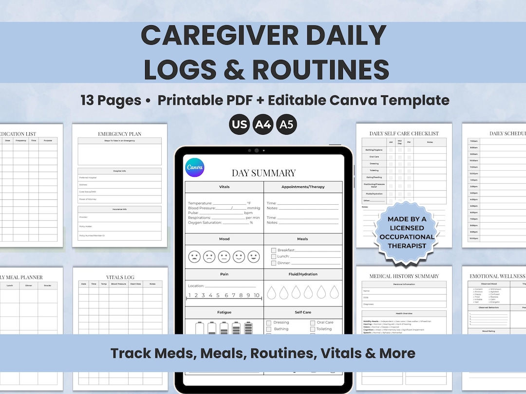 Caregiver Planner, Daily Log & Checklist Printable PDF | Elderly Care ...