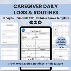 Caregiver Planner, Daily Log & Checklist Printable PDF | Elderly Care Task List, Activity Report, Routine, Home Caregiver Schedule, Editable