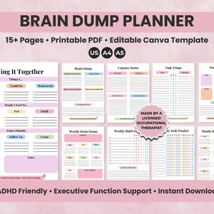 Könnte beinhalten: Ein rosa-weißer Brain Dump Planer mit mehreren Seiten, einschließlich Abschnitten für Aufgabenverwaltung, wöchentliche Gewohnheiten und Monatsplanung. Der Planer unterstützt die exekutive Funktion und ist für Menschen mit ADHS geeignet.