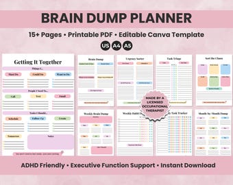 Editable ADHD Brain Dump Templates Printable | Executive Function Planner | To-Do List, Task Tracker, Thought Organizer, Productivity Tool