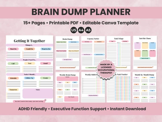 Editable ADHD Brain Dump Templates Printable | Executive Function Planner | To-Do List, Task Tracker, Thought Organizer, Productivity Tool