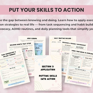 Action-oriented therapy worksheets that guide clients to apply executive function strategies to real-life routines, tasks, and daily goals.