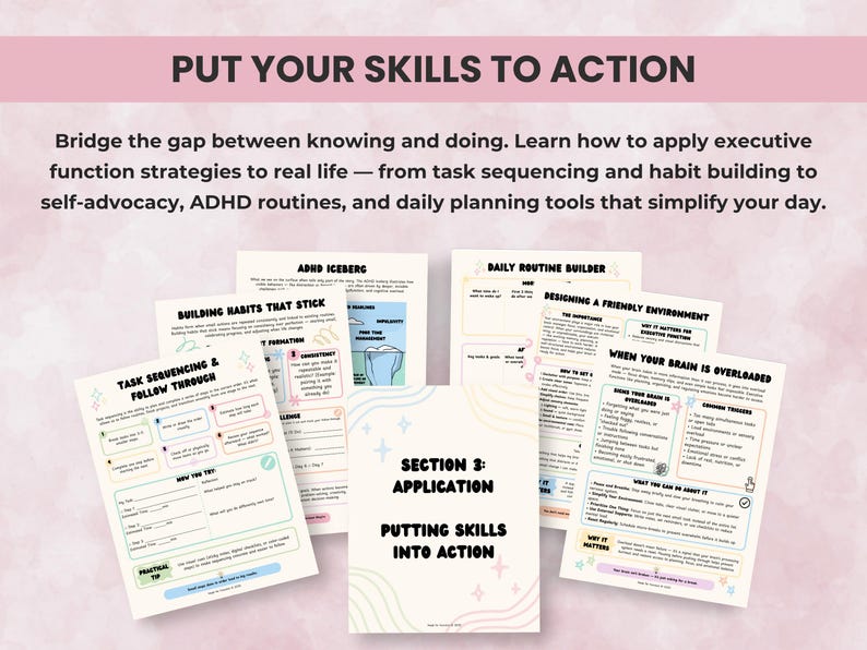 Action-oriented therapy worksheets that guide clients to apply executive function strategies to real-life routines, tasks, and daily goals.