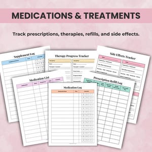 Medical Planner pages for medication lists, prescription logs, refill trackers, and side effect tracking.