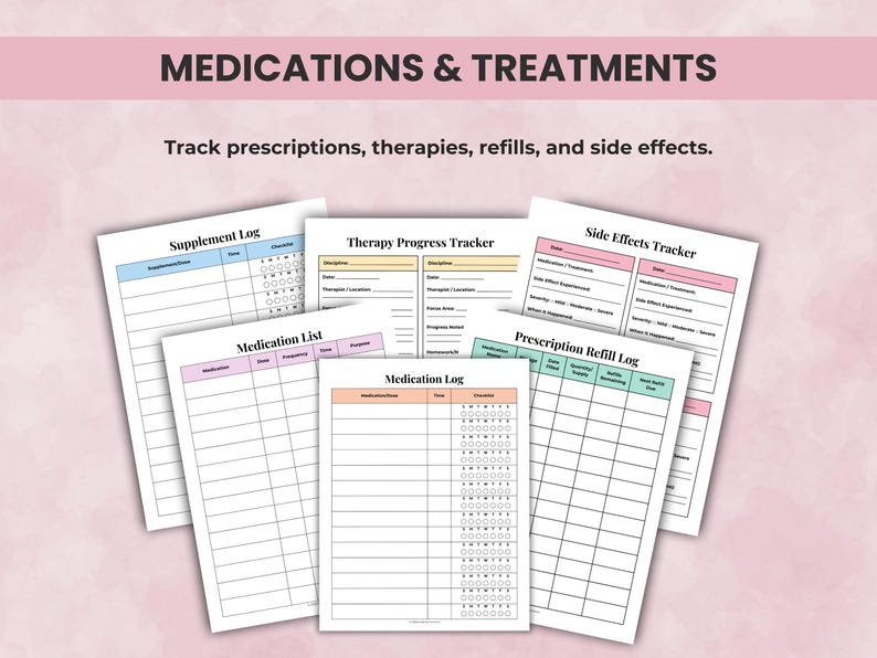 Medical Planner pages for medication lists, prescription logs, refill trackers, and side effect tracking.