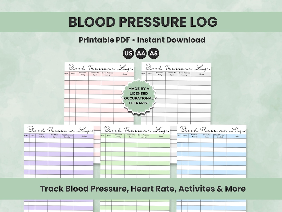Blood Pressure Log Printable, Daily BP Chart + Tracker Sheet, Blood ...