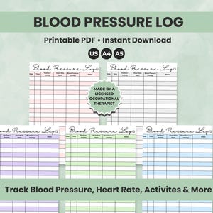 May include: A printable PDF blood pressure log with space to track blood pressure, heart rate, and activities. The design includes the text "Blood Pressure Log" and "Track Blood Pressure, Heart Rate, Activities & More."