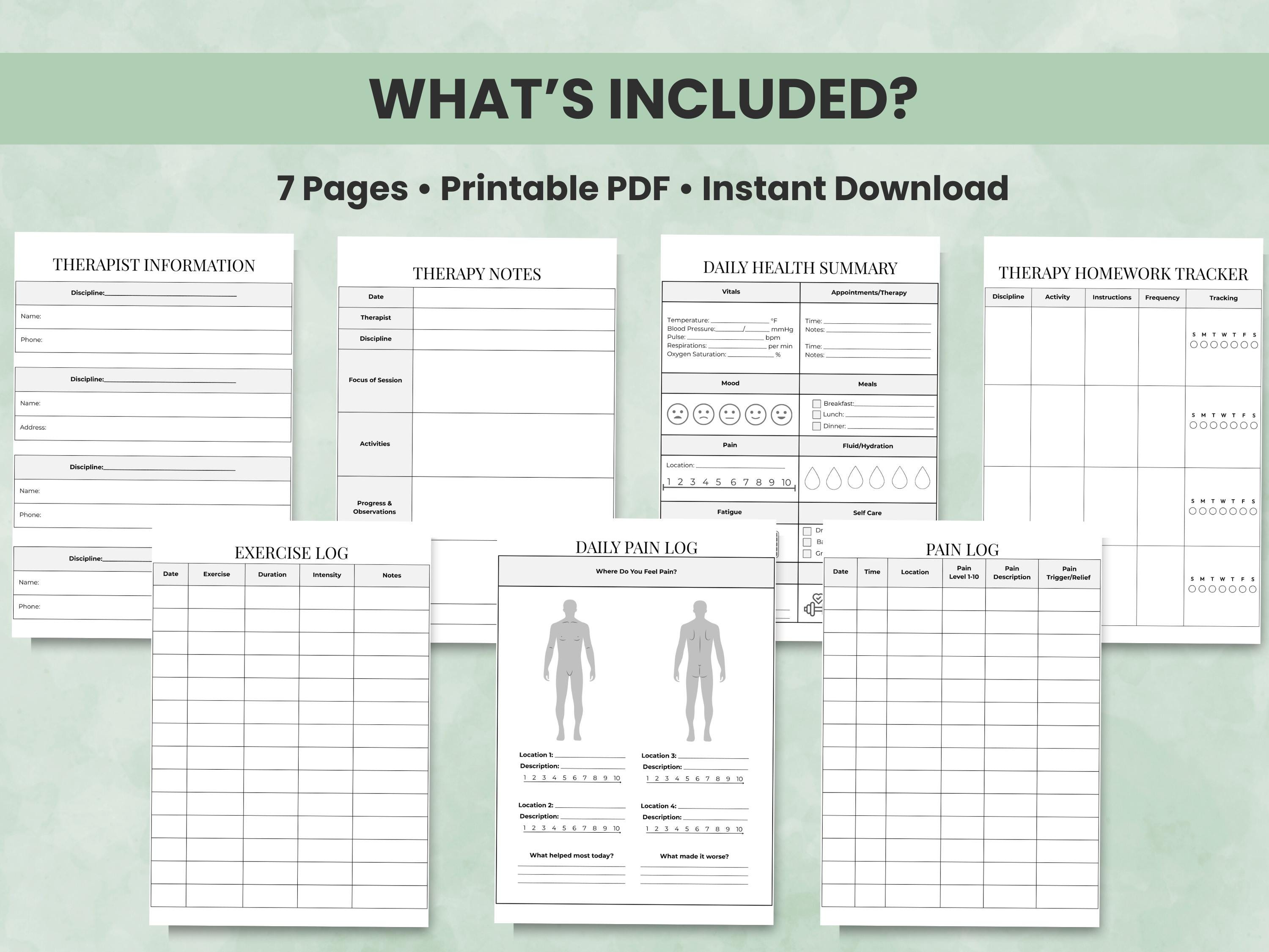 Therapy Tracker Printable, Physical Therapy Exercise Log, Home Rehab ...