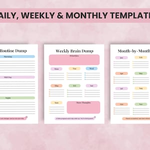 Planner mockup showing ADHD daily, weekly, and monthly brain dump and scheduling pages designed for task management and executive function support.