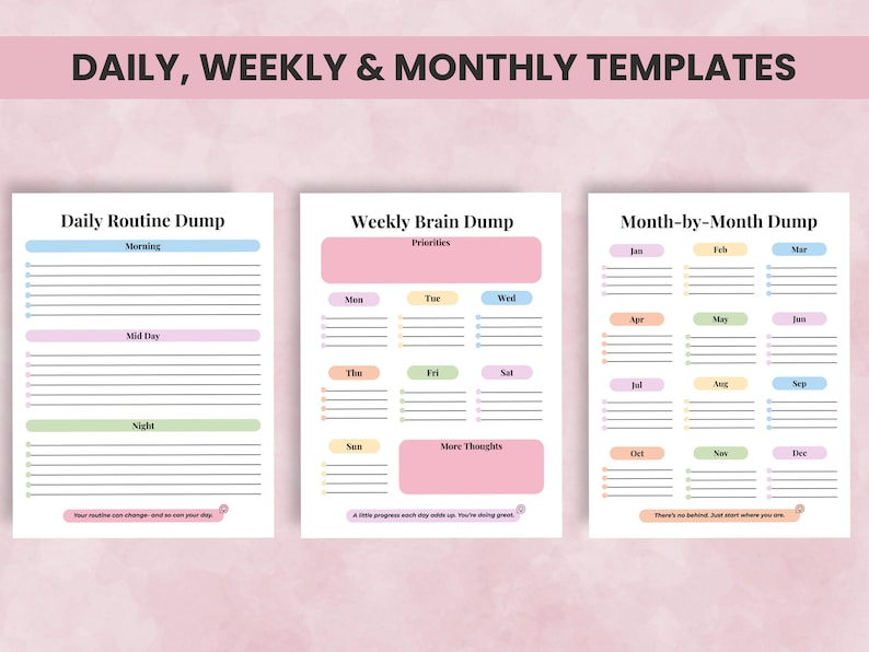 Planner mockup showing ADHD daily, weekly, and monthly brain dump and scheduling pages designed for task management and executive function support.