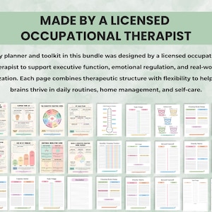 Collection of ADHD and executive function planner pages beneath heading made by a licensed occupational therapist.”