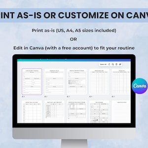 Caregiver log and routine planner printable PDFs and editable Canva templates in US Letter, A4, and A5 sizes