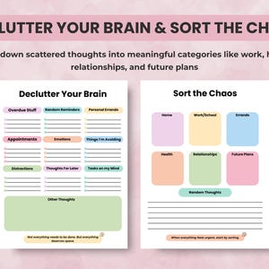Two ADHD-friendly templates: declutter your brain page for sorting reminders and distractions, and sort the chaos page for organizing tasks by life categories.