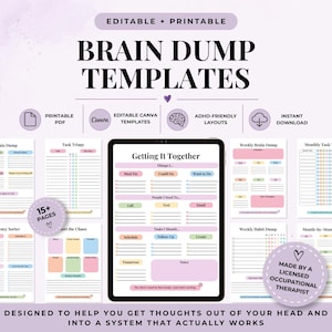 Peut inclure: Une collection de modèles numériques de brain dump présentant diverses mises en page organisationnelles comme le tri des tâches, les trieurs d'urgence et les suivis d'habitudes. La tablette centrale affiche une page Getting It Together.