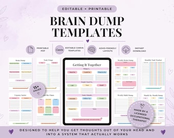 ADHD Brain Dump Templates | Executive Function Planner, Task Tracker (Printable PDF, Canva)