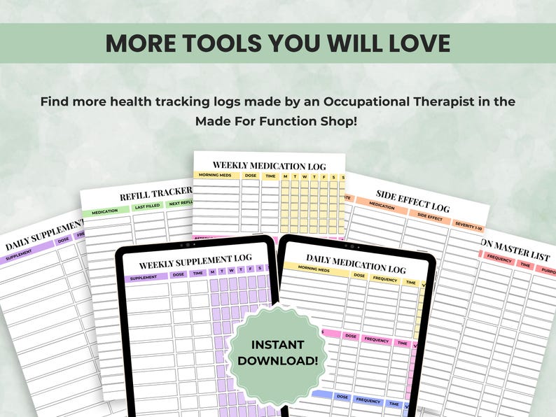 Preview of other Made for Function printables — medication logs, health planners, and chronic illness bundles by an occupational therapist.