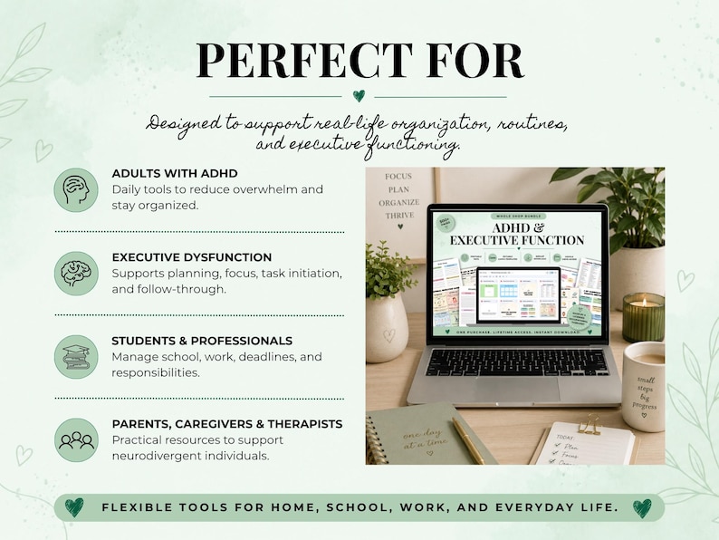 May include: A digital planner display on a laptop screen titled ADHD & EXECUTIVE FUNCTION, surrounded by text listing benefits for adults, students, and professionals. The layout includes icons for brain, books, and people, with a light green background.