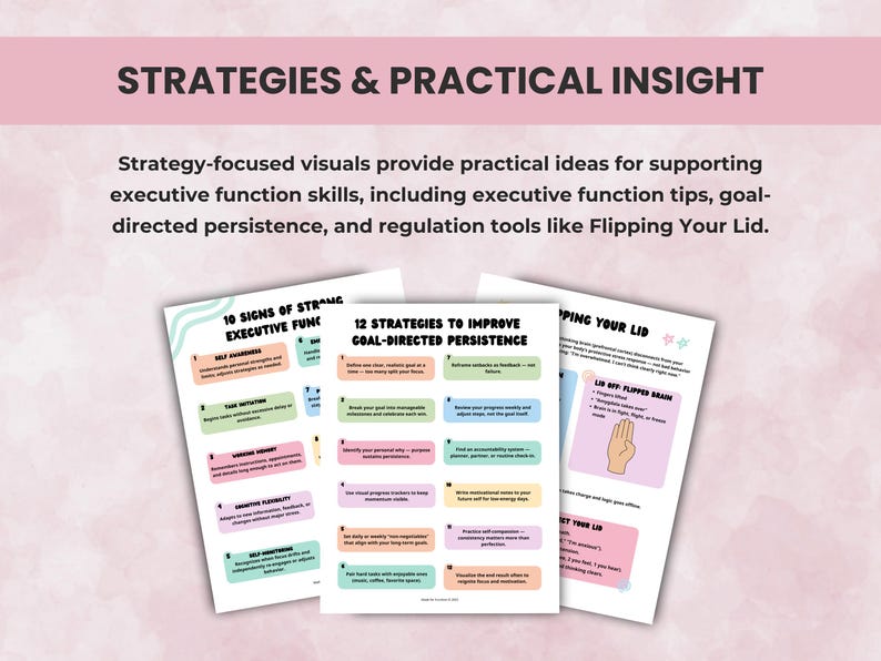 Executive function strategies and practical insight worksheets for ADHD planning, regulation, and follow-through