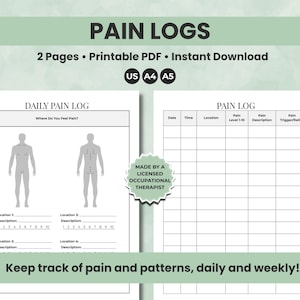 Pode incluir: Um diário de dor em PDF imprimível com duas páginas, disponível para download instantâneo. O design inclui um diário de dor diário com um diagrama corporal e um diário de dor com seções para data, hora, local e nível de dor. O texto diz "Acompanhe a dor e os padrões, diária e semanalmente!"