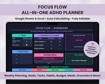 ADHD Planner, Dark Mode Digital Planner, Google Sheets Excel, Brain Dump, Habit Tracker, Budget Tracker, Executive Function, Neurodivergent