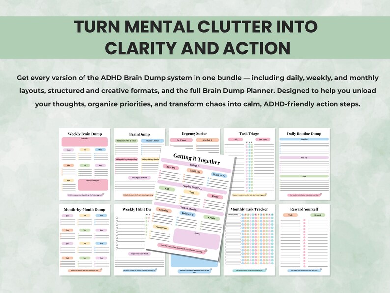 ADHD brain dump planner pages for organizing thoughts, reducing overwhelm, and improving productivity