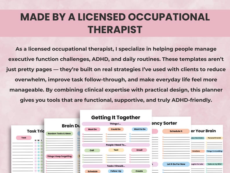Slide highlighting that the ADHD Brain Dump Templates were designed by a licensed occupational therapist with experience in executive function and ADHD support.