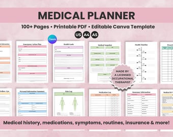 Printable Medical Planner, Health Tracker, Editable Template (PDF)