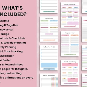 Brain dump planner mockup showing 18 unique ADHD-friendly pages with task triage, to-do lists, priority matrix, checklists, and planning templates. Instant digital download, PDF + Canva template.
