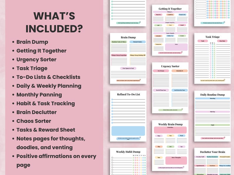 Brain dump planner mockup showing 18 unique ADHD-friendly pages with task triage, to-do lists, priority matrix, checklists, and planning templates. Instant digital download, PDF + Canva template.