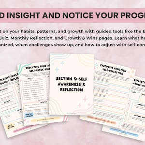 Reflection worksheets to help users build insight, track growth, and monitor executive function progress over time — ideal for therapy and self-awareness.