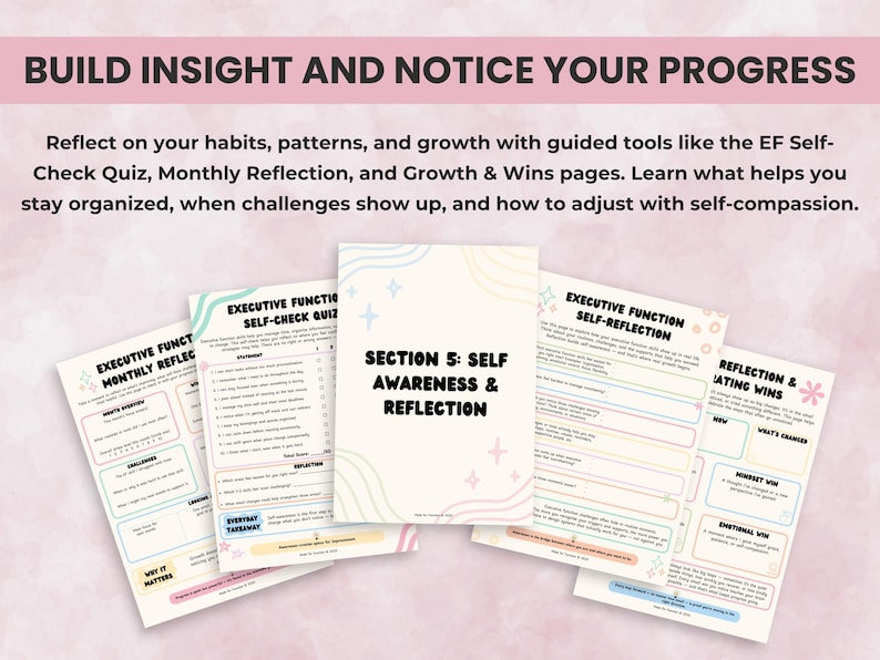 Reflection worksheets to help users build insight, track growth, and monitor executive function progress over time — ideal for therapy and self-awareness.