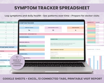 Symptom Tracker Spreadsheet, Google Sheets Excel, Chronic Illness Log, Health Wellness Journal, Medication and Pain Tracker