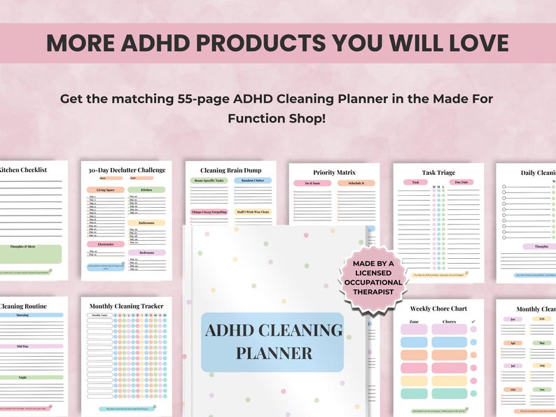 Cross-promotion slide featuring ADHD Cleaning Planner and ADHD Brain Dump Templates. Therapist-created planners for routines, cleaning, and task organization.