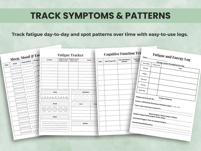 Track fatigue, sleep, mood, and energy patterns with daily and weekly logs, PEM tracker, and check-in sheets.