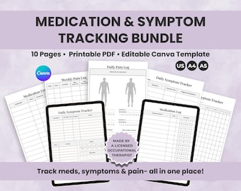 Medication & Symptom Tracker Bundle, Printable Health Journal (Canva Template)