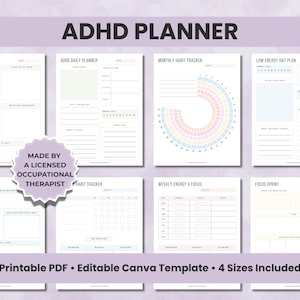Könnte beinhalten: Ein digitales ADHS-Planer-Set mit acht verschiedenen druckbaren Seiten, darunter ein Brain Dump, Tagesplaner, Gewohnheitstracker, Plan für Tage mit wenig Energie, Reset-Tag und Fokus-Sprint. Die Seiten enthalten Text, Kästchen und Diagramme.