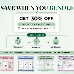 May include: A promotional graphic with a light green background featuring the text SAVE WHEN YOU BUNDLE and GET 30% OFF WHEN YOU BUY 3 ITEMS. It includes a three-step how-it-works diagram and displays four digital product bundles at the bottom.